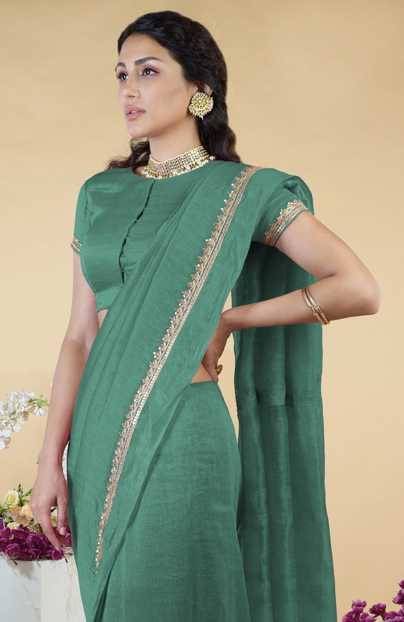 Kale Hand Embroidered Linen Saree