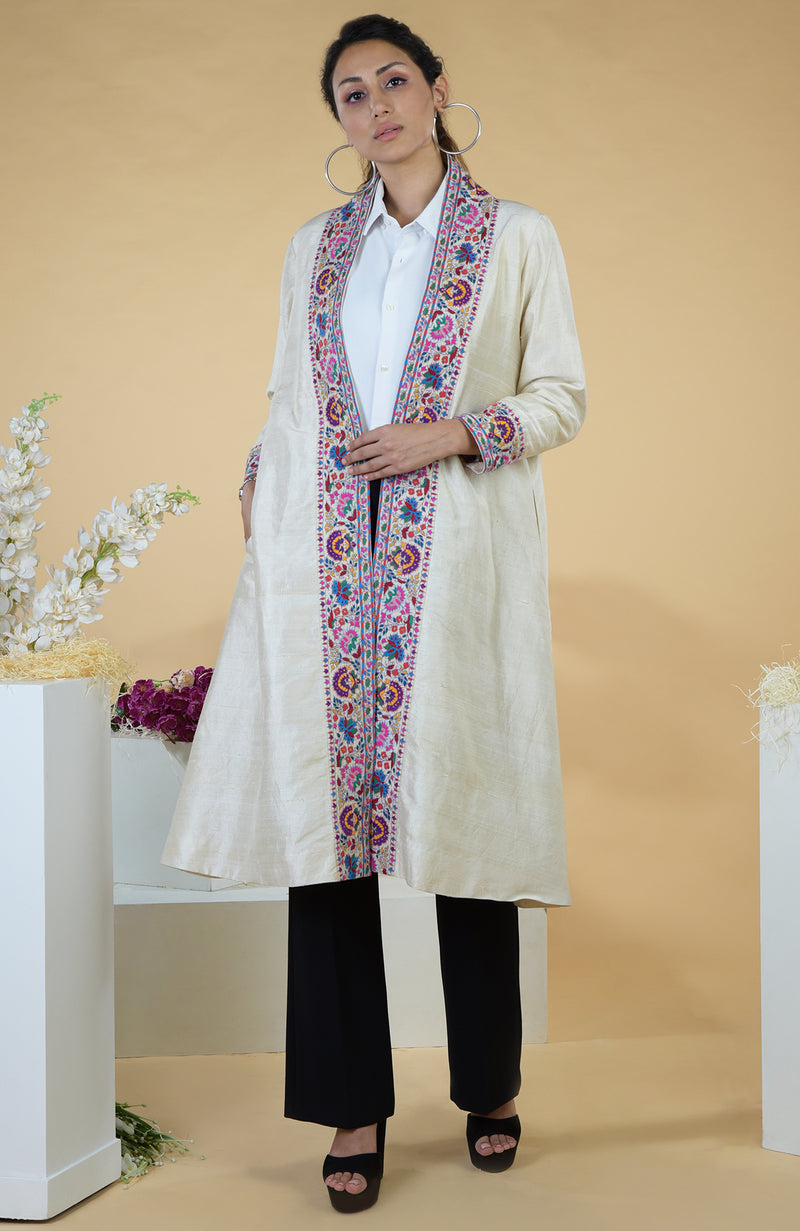 Ivory Kashmiri Kashidakari Hand Embroidered Kimono Jacket