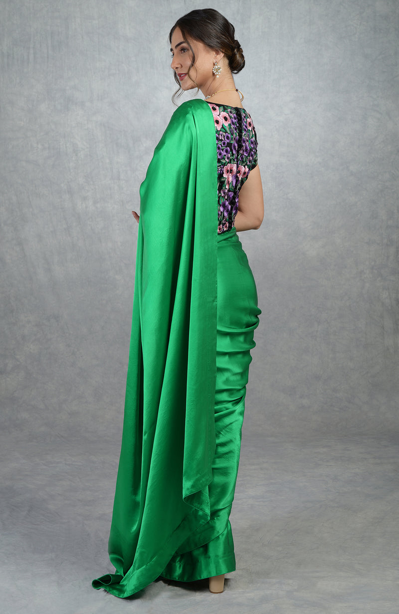 Full sleeve boat neck tulle blouse with neon green tulle saree
