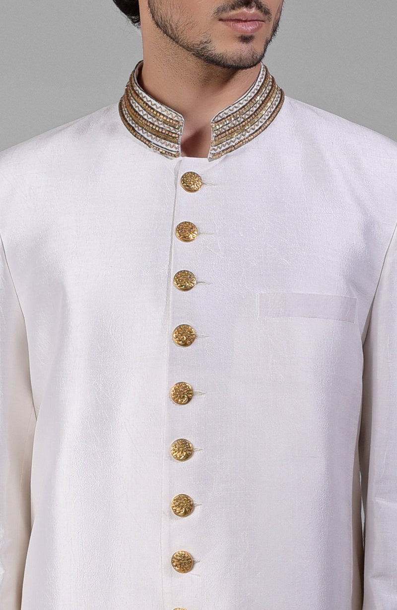 Ivory-Gold Zardozi Hand Embroidered Silk Bandhgala Jacket Set