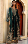 Dark Green Gold Floral Embroidered Kaftan Dress Set