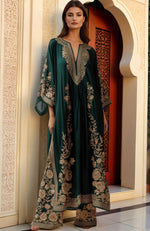 Dark Green Gold Floral Embroidered Kaftan Dress Set