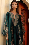 Dark Green Gold Floral Embroidered Kaftan Dress Set