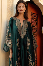Dark Green Gold Floral Embroidered Kaftan Dress Set