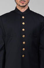 Timeless All Black Pure Silk Sherwani Set with Gold Plated Buttons