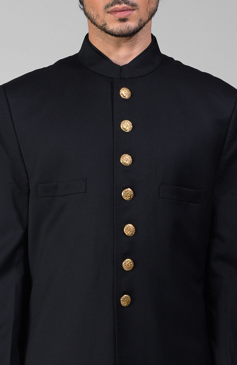Timeless All Black Pure Silk Sherwani Set with Gold Plated Buttons