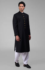 Timeless Black Pure Silk Sherwani Set With Gold Plated Buttons