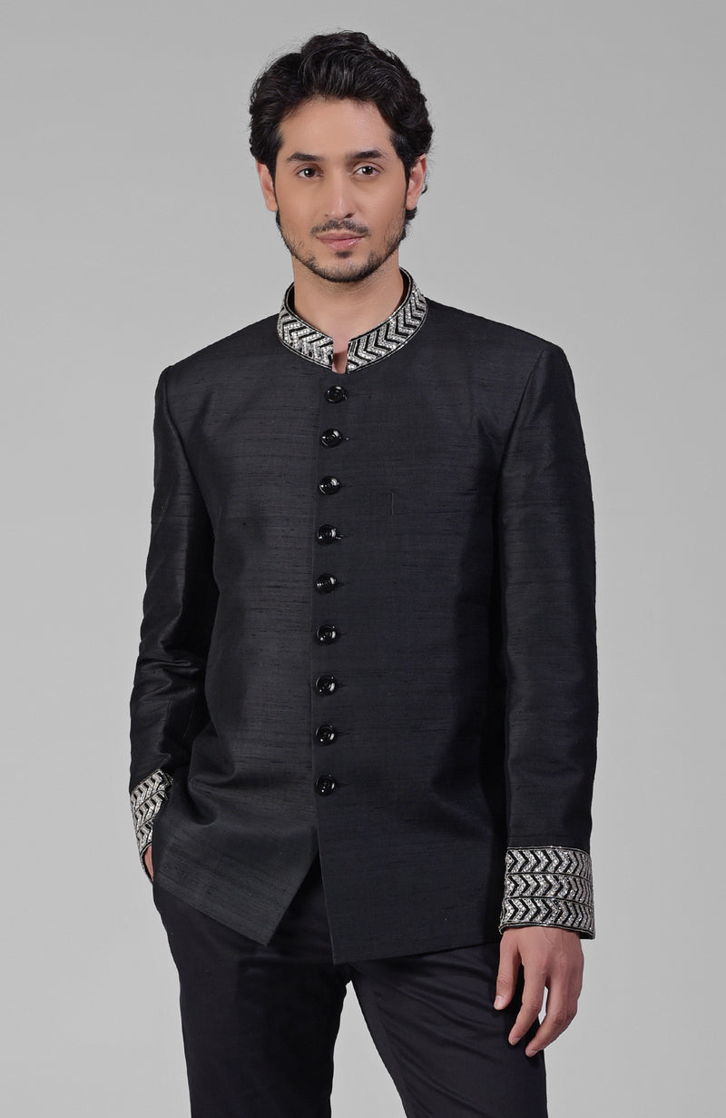 Black Zardozi Hand Embroidered Silk Bandhgala Jacket