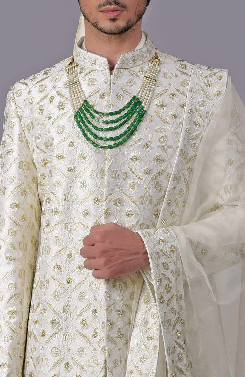 Ivory Gold Floral Zardozi Embroidered Silk Sherwani Set