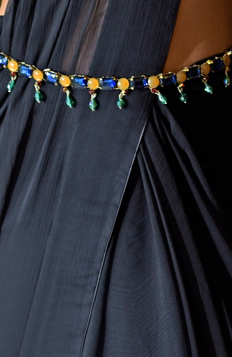 Black Chiffon Saree with Blue Jewelled Crystal Belt