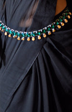 Black Chiffon Saree with Emerald Green Crystal Belt