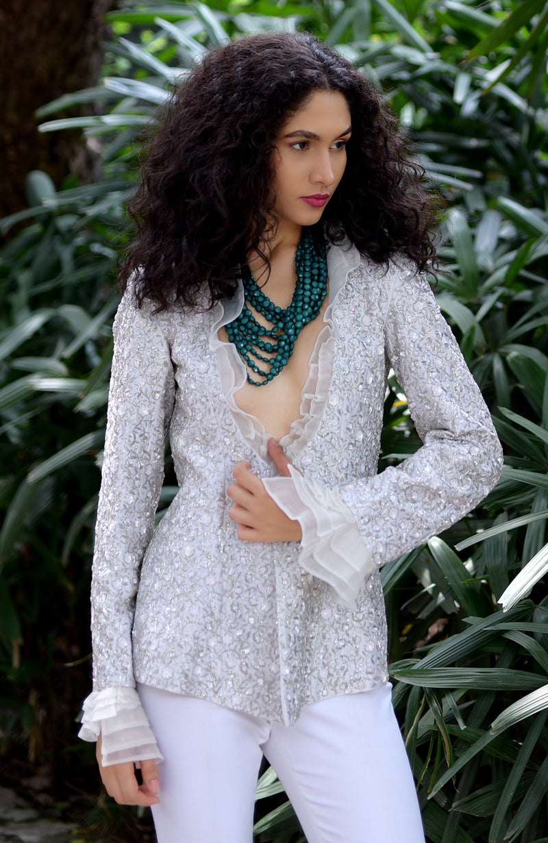 White Frost Sequin Beads and French Wire Hand Embroidered Jacket