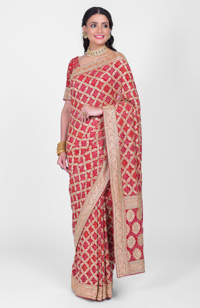 Masterpiece Red Bandhej & Banarasi Zari Zardozi Hand Embroidered Saree