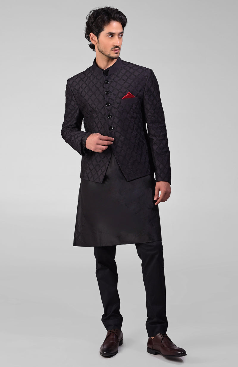 Maroon Chikankari Embroidered Bandhgala Jacket Set