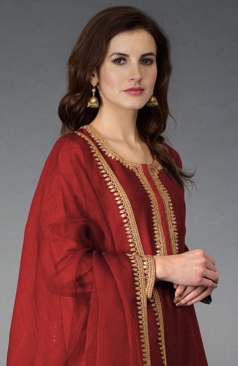 Red Marori and Sequin Work Farshi Palazzo Suit