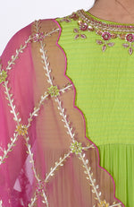 Green Glow Zardozi Hand Embroidered Tiered Dress & Dupatta