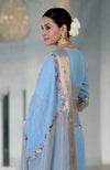 Cerulean Blue Parsi Gara Embroidered Linen Saree