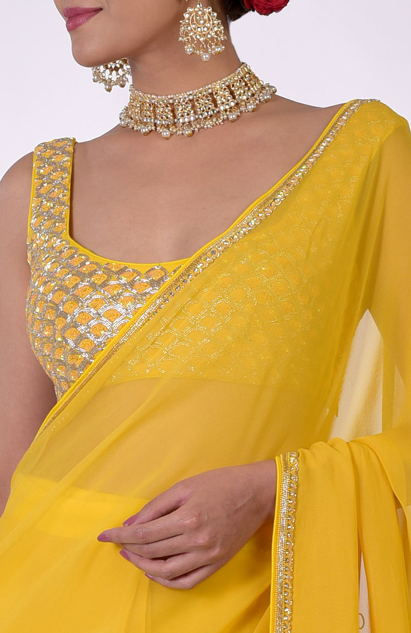 Tara- Daffodil Yellow Hand Embroidered Saree