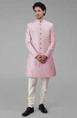 Peach Pure Silk Sherwani Set With Gold Plated Buttons