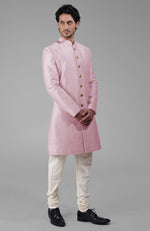 Elderberry Pure Silk Sherwani Set With Gold Plated Buttons