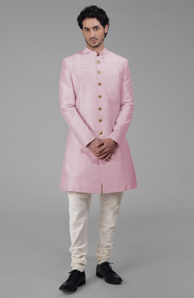 Barely Pink Pure Silk Sherwani Set With Gold Plated Buttons