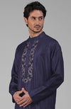 Ink Blue Silk Kurta With Floral Embroidered Placket Detail