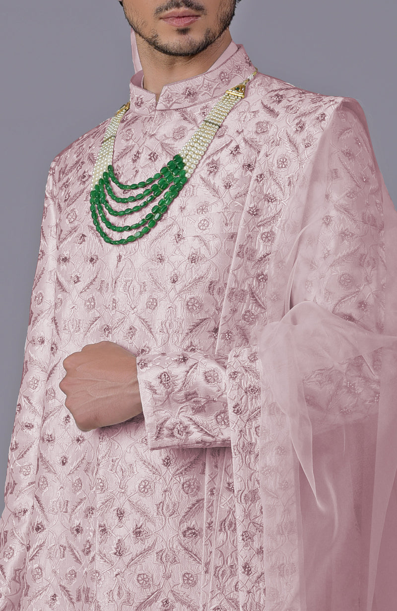 Burnished Lilac Floral Zardozi Embroidered Silk Sherwani Set