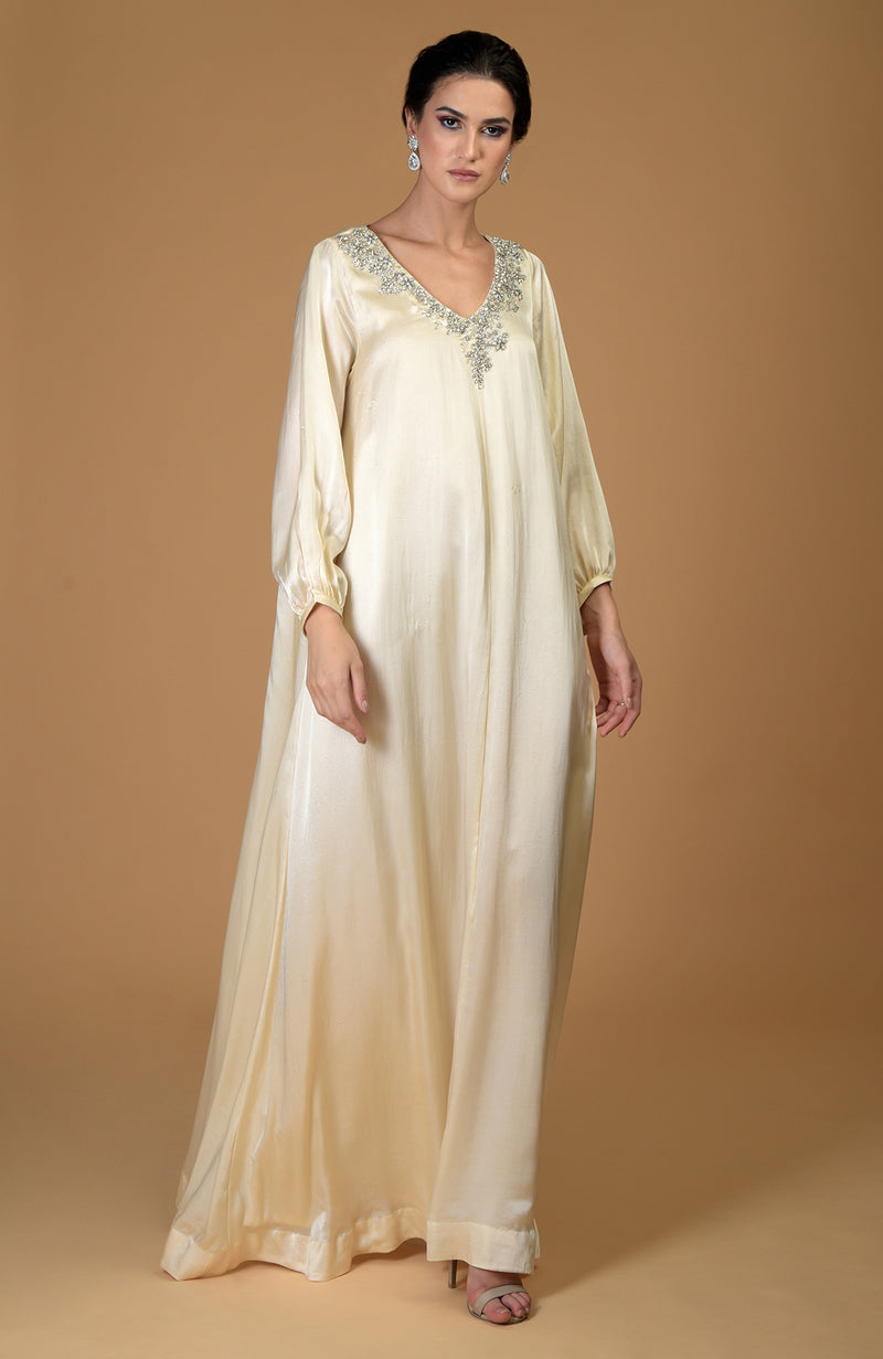 Talking Threads White Gold Satin Silk Hand Embroidered Crystal Dress Talking Threads White Gold Satin Silk Hand Embroidered Crystal Dress