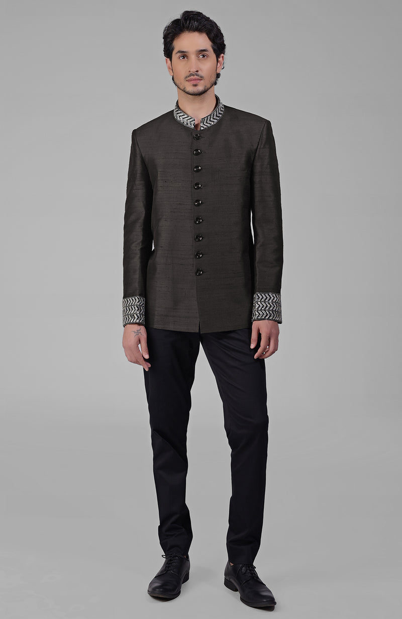 Charcoal Grey Zardozi Hand Embroidered Silk Bandhgala Jacket Set