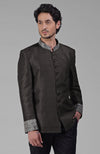 Charcoal Grey Zardozi Hand Embroidered Silk Bandhgala Jacket Set