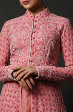 Flamingo Pink Chikankari Hand Embroidered Anarkali Jacket Set