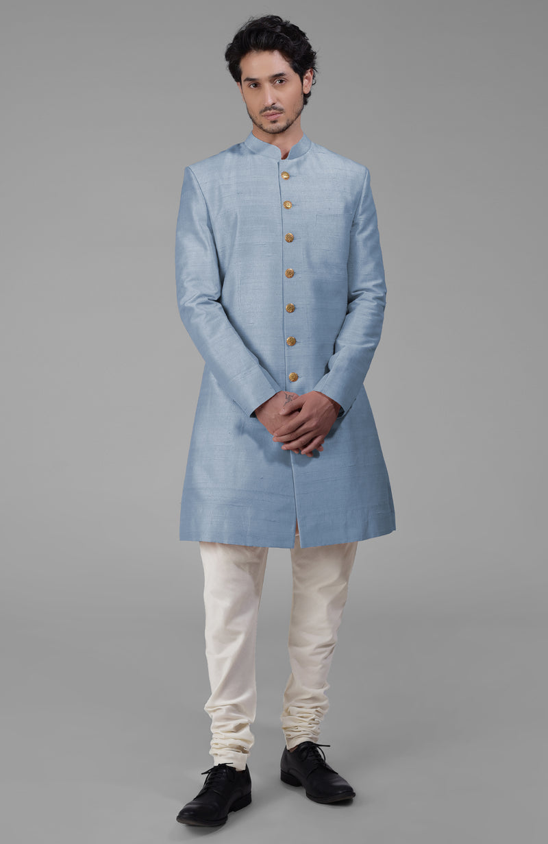 Dusty Blue Pure Silk Sherwani Set With Gold Plated Buttons