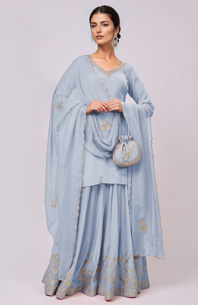 Sage Green Kashmiri Tilla Aari Embroidered Sharara Set