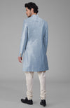 Dusty Blue Pure Silk Sherwani Set With Gold Buttons