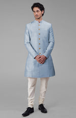 Dusty Blue Pure Silk Sherwani Set With Gold Buttons