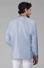 Dusty Blue Zardozi Hand Embroidered Silk Bandhgala Jacket