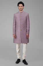 Dusty Blue Pure Silk Sherwani Set With Gold Plated Buttons