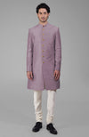 Elderberry Pure Silk Sherwani Set With Gold Plated Buttons