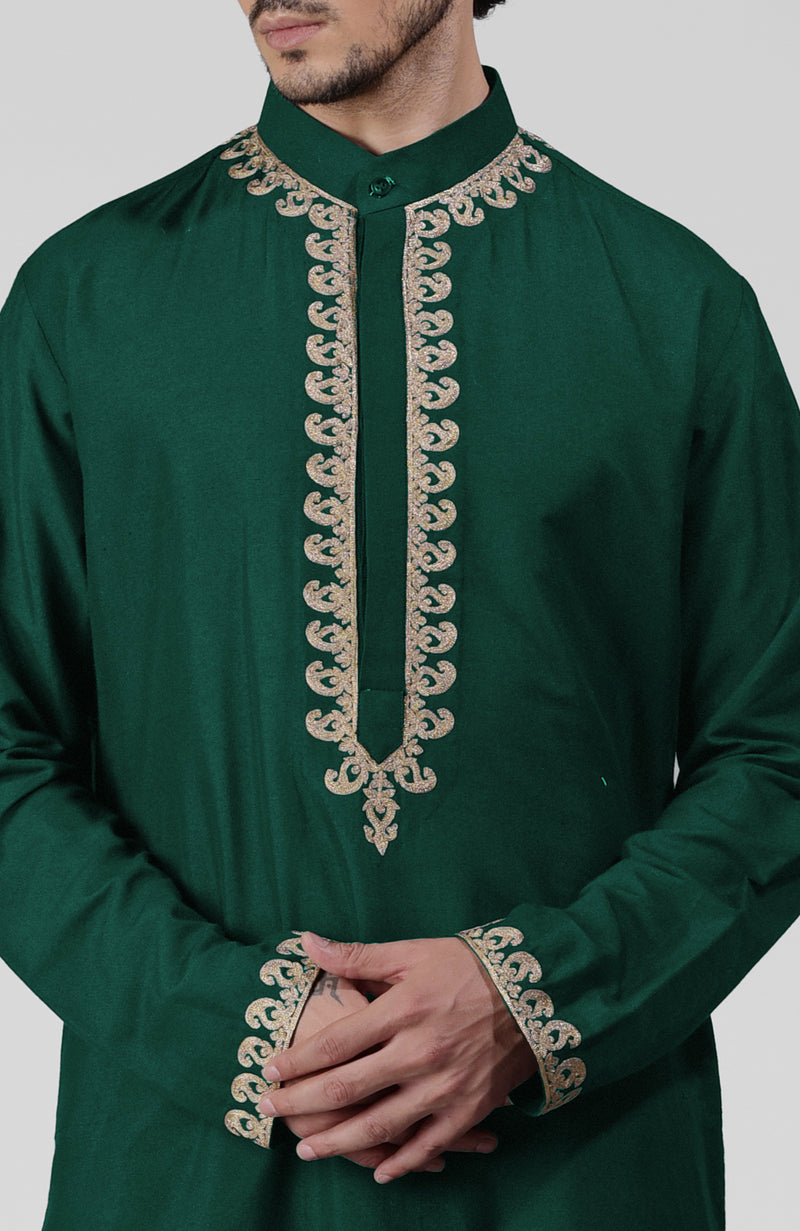 Emerald Green Kashmiri Tilla Hand Embroidered Kurta Set