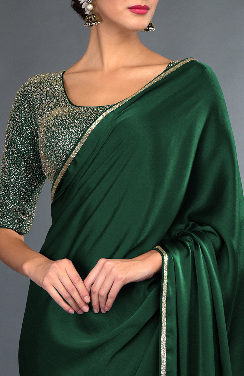 Emerald Green Zardozi Hand Embroidered Saree and Blouse