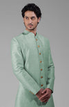 Gossamer Green Pure Silk Sherwani Set With Gold Plated Buttons