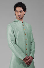Gossamer Green Pure Silk Sherwani Set With Gold Buttons