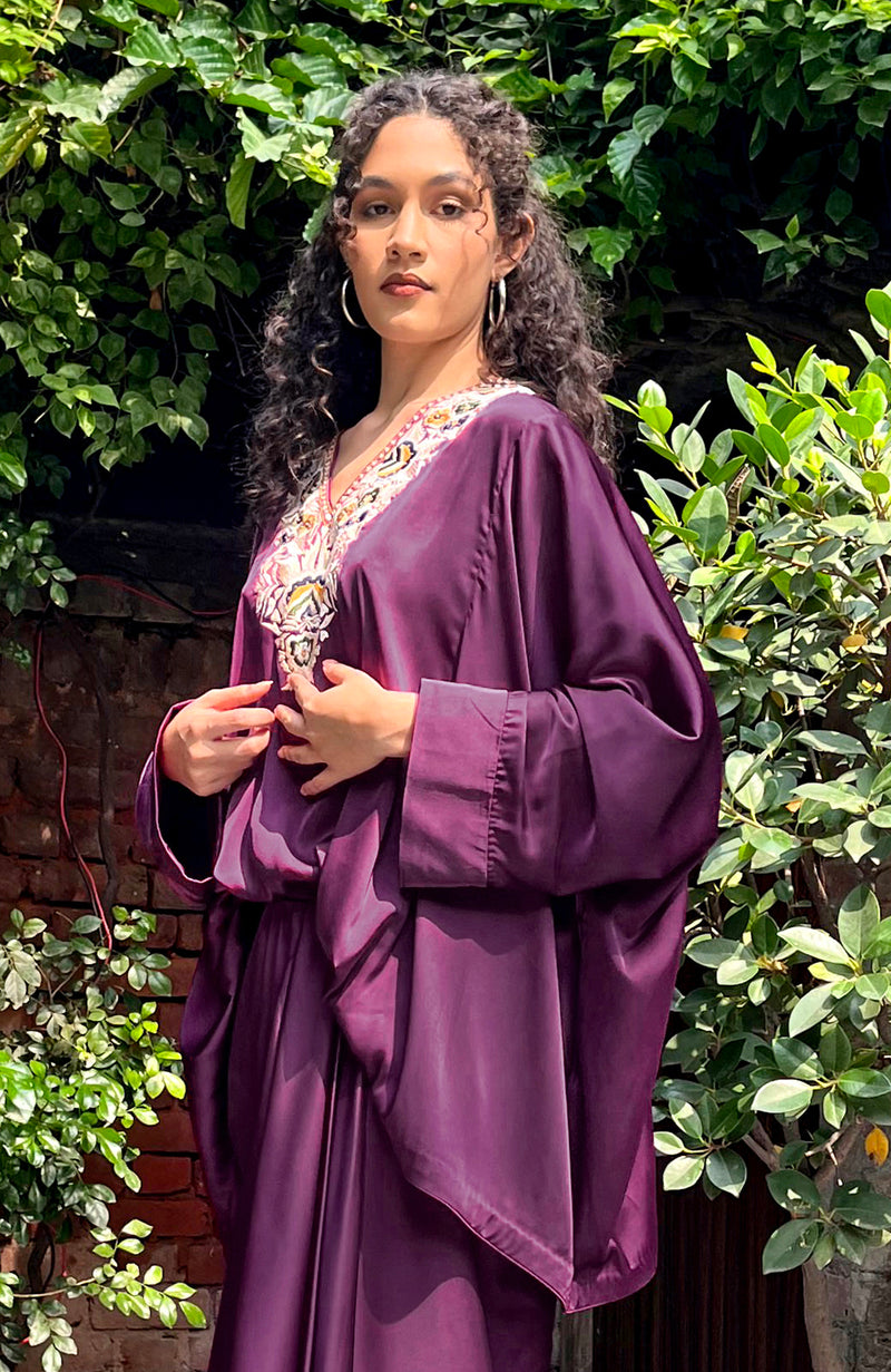 Plum Parsi Gara Embroidered Draped Skirt Set