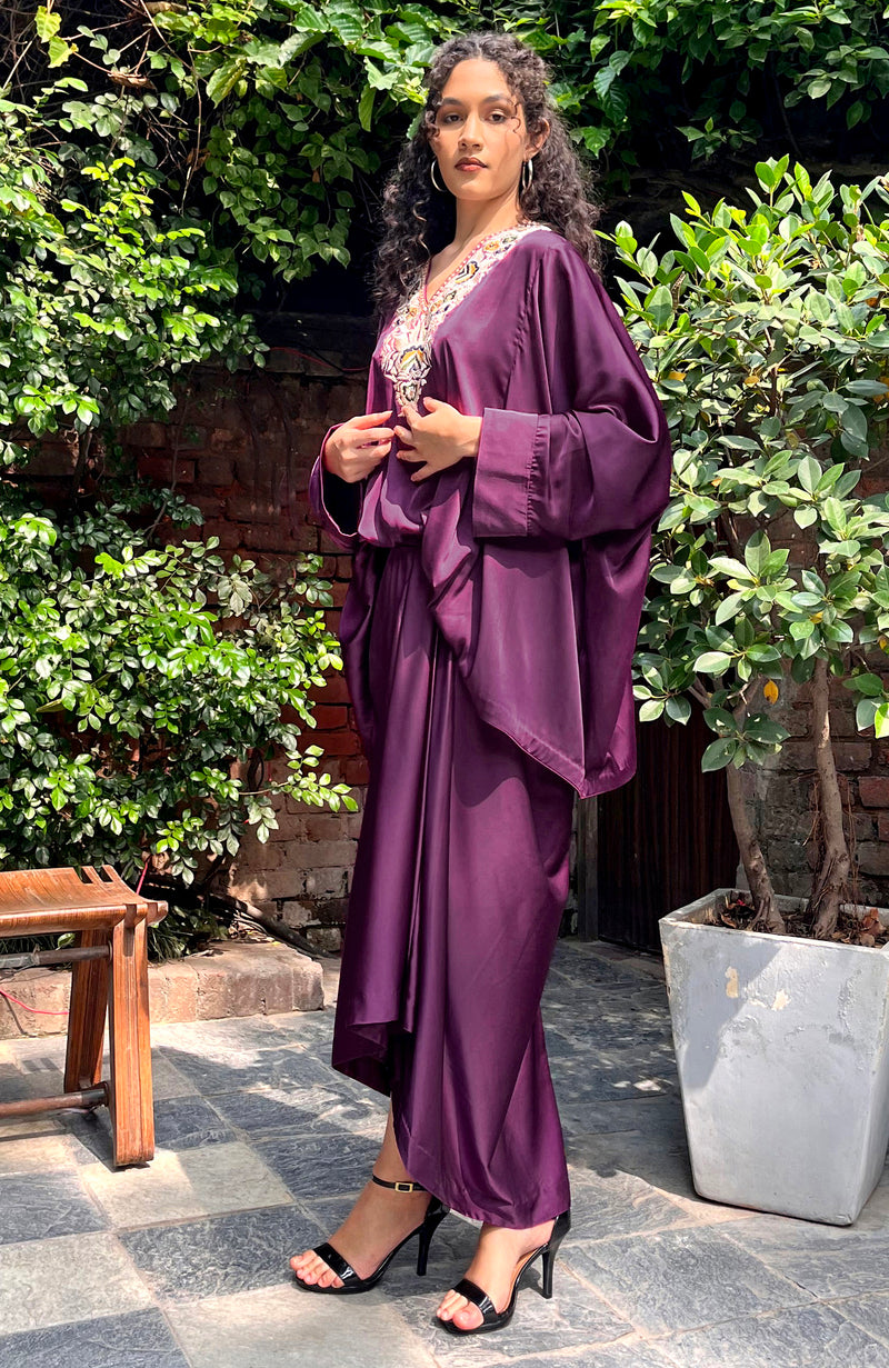 Plum Parsi Gara Embroidered Draped Skirt Set