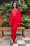 Red Mirror Embroidered Kaftan Set with Draped Skirt