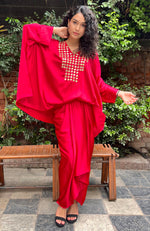 Red Mirror Embroidered Kaftan Set with Draped Skirt