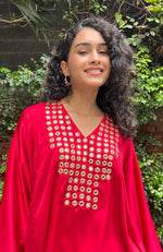 Red Mirror Embroidered Kaftan Set with Draped Skirt