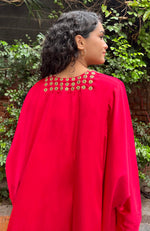 Red Mirror Embroidered Kaftan Set with Draped Skirt