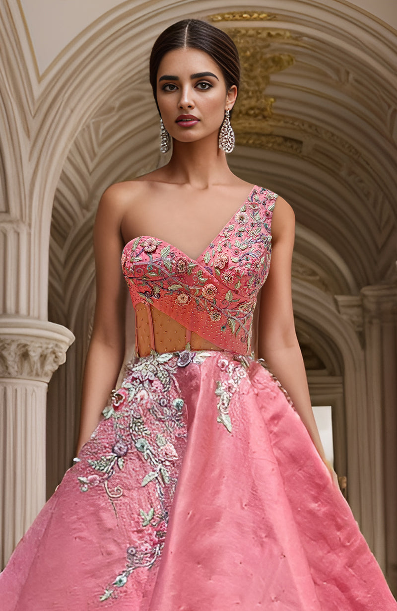 Pink One Shoulder Floral Hand Embroidered Gown