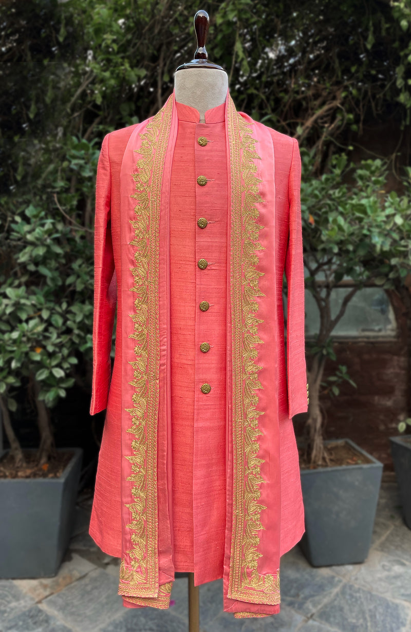 Kashmiri Tilla Embroidered Coral Stole